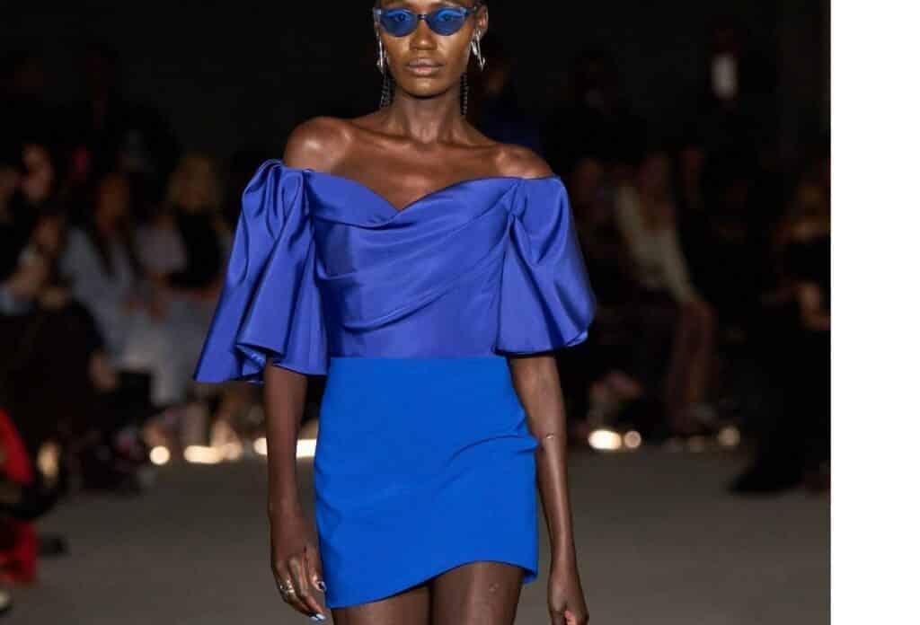 Cobalt Off-The-Shoulder Draped Sleeve Mini Dress by Christian Siriano