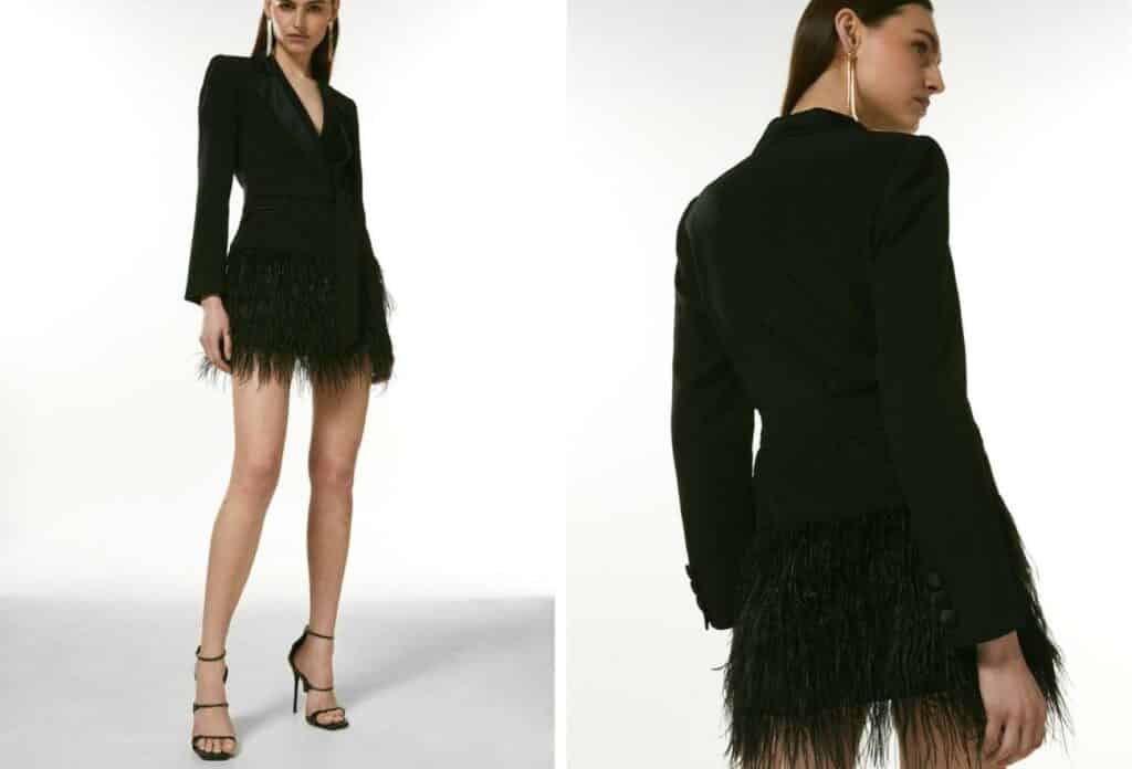 clothing inspired by new york fashion week trends Viscose Satin Crepe Feather Hem Tux Dress