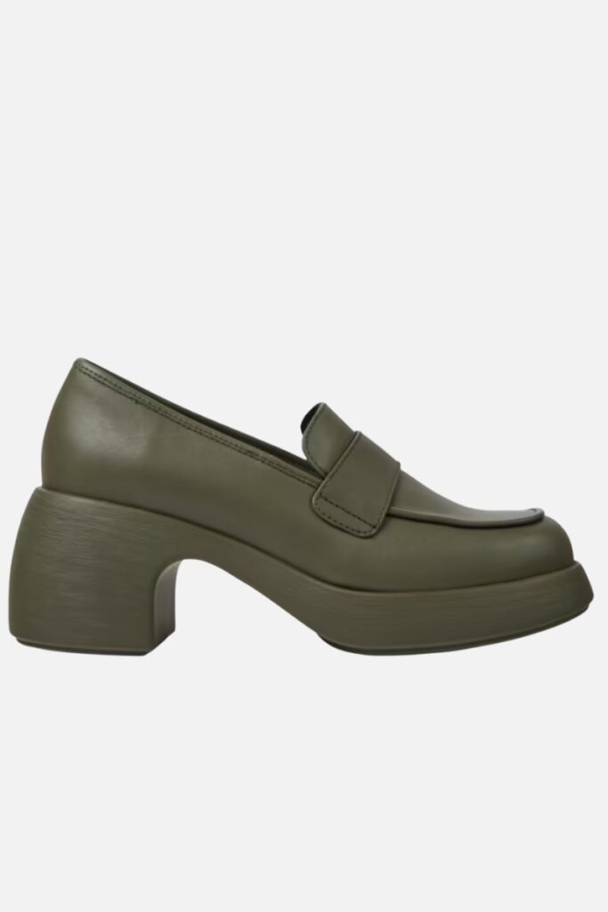 camper thelma green loafer, best loafers, heeled loafers, other stories