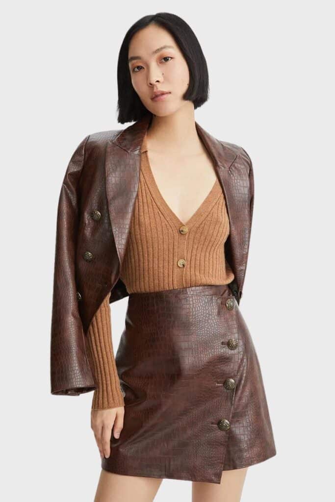veronica beard leather blazer and skirt set brown monochromatic outfit idea