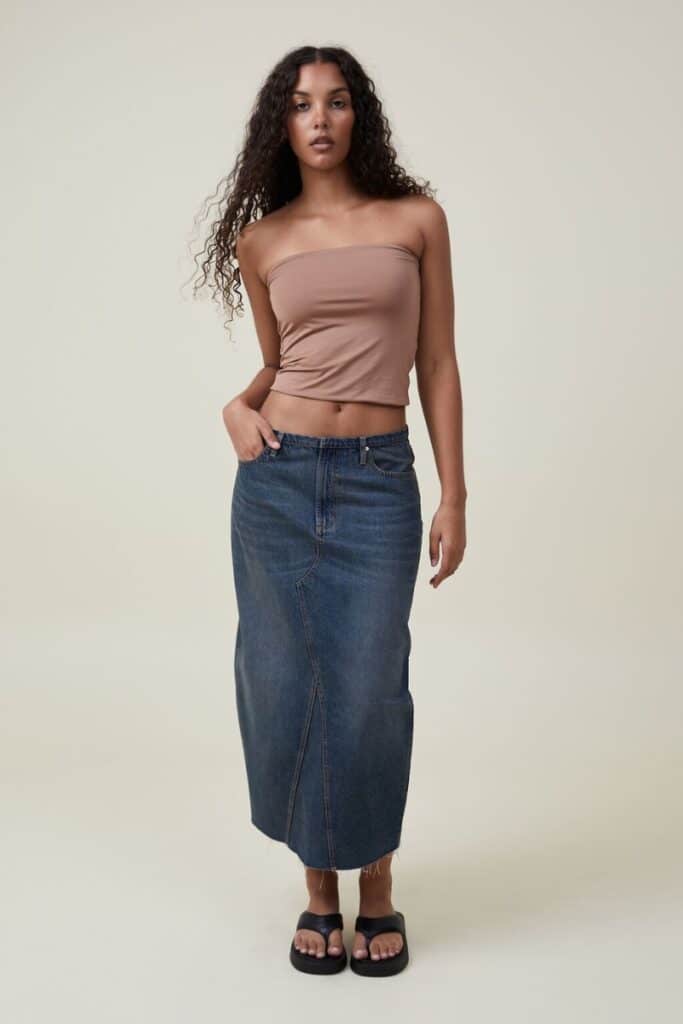 cotton:on denim maxi skirt credit, jean skirt, denim long skirt, low rise, stretch denim, buy something