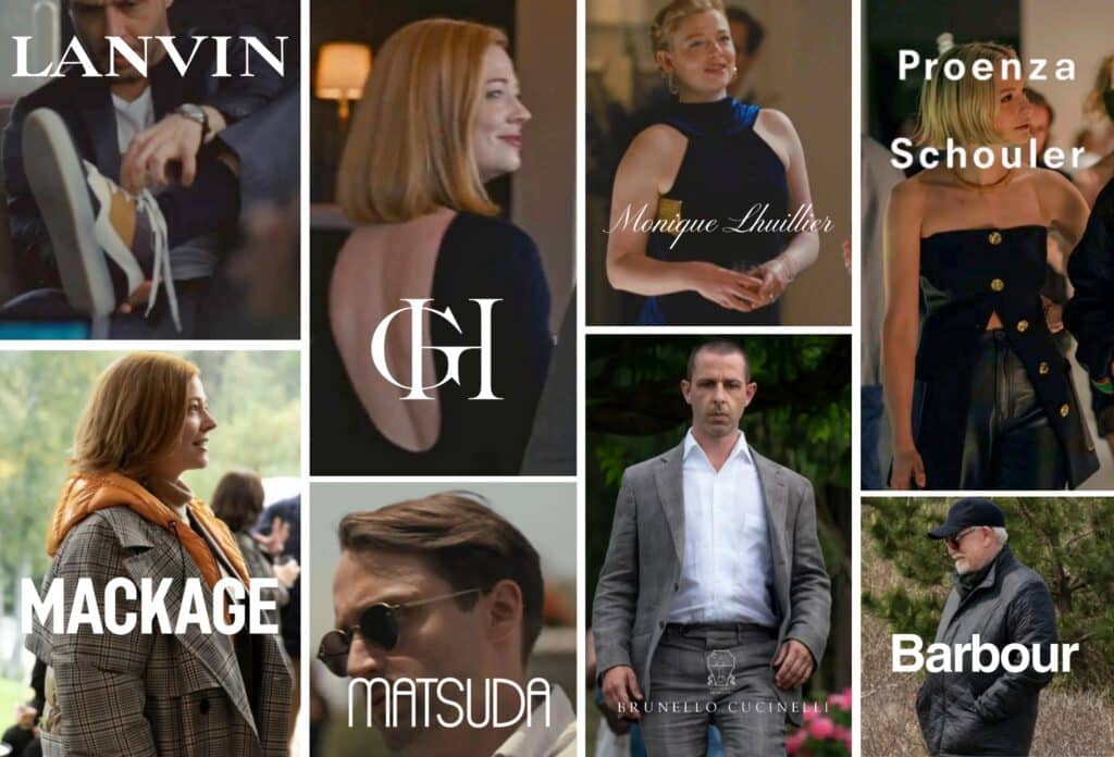succession quiet luxury brands, succession clothes, outfits from succession, succession outfits, silk cowl neck blouse, logan roy, tom ford, roy daughter, roy family, roy siblings, cousin greg, silk trousers, exact blazer, graeme hunter, birthday party, baseball cap, kendall roy's experty tucked shirt, connor's wedding, michelle matland