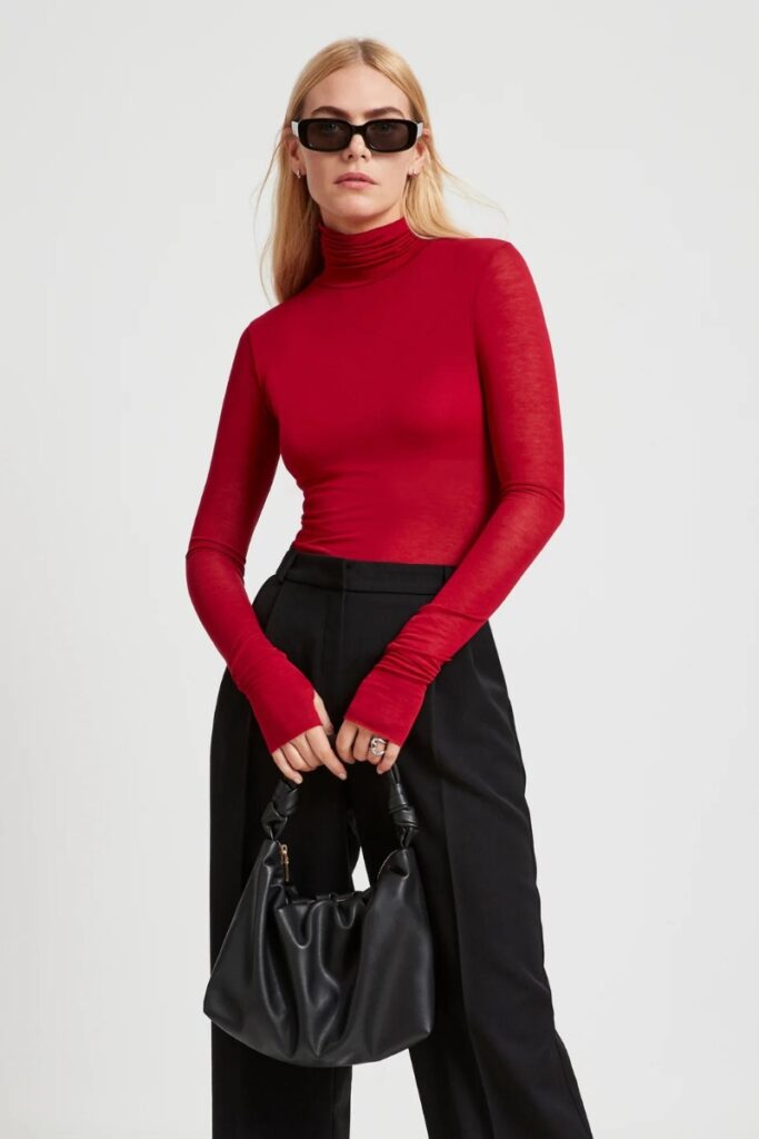 Marcella New York Eloise Sheer Turtleneck, 2023 Fall Red Fashion Trend