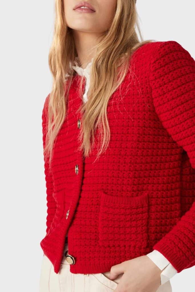 Ba&sh gaspard cardigan red capsule wardrobe for cold weather, rainy days, season long, puffer vest