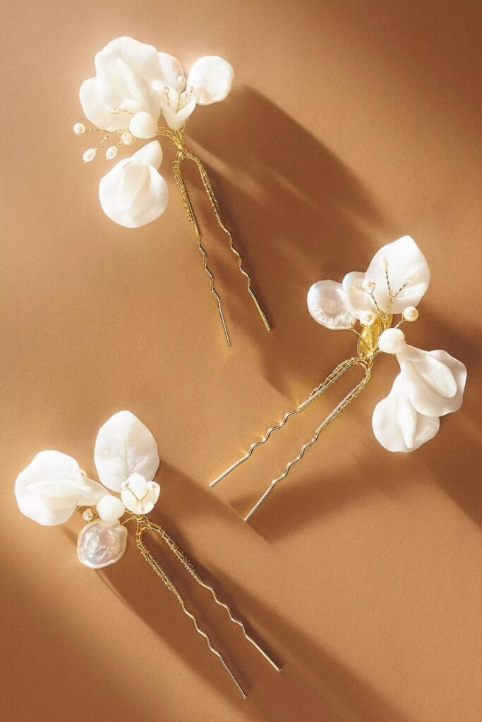pearlescent sweet pea hair pins by twigs and honey 