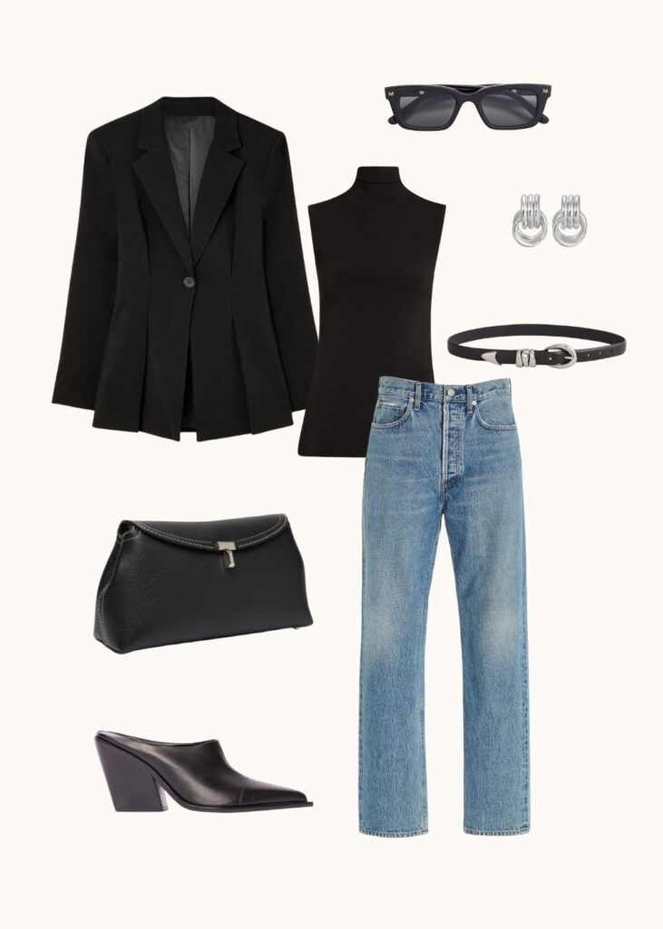 black blazer and jeans spring outfit, spring 2024 outfit, spring minimalist outfit 2024, spring minimalist outfits 2024, trendy spring outfits