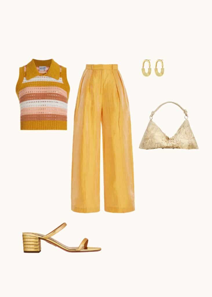 matthew bruch knit top, matthew bruch gold wide leg pants, maximalist spring outfit, funky spring outfit 2024, cool-girl spring outfits 2024