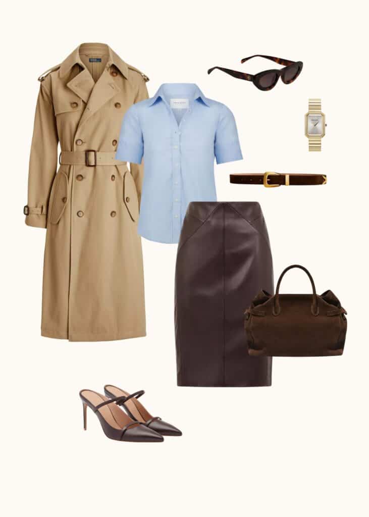 blue button down shirt with brown leather skirt and trench coat, old money spring outfits, spring outfit ideas, preppy spring outfit ideas