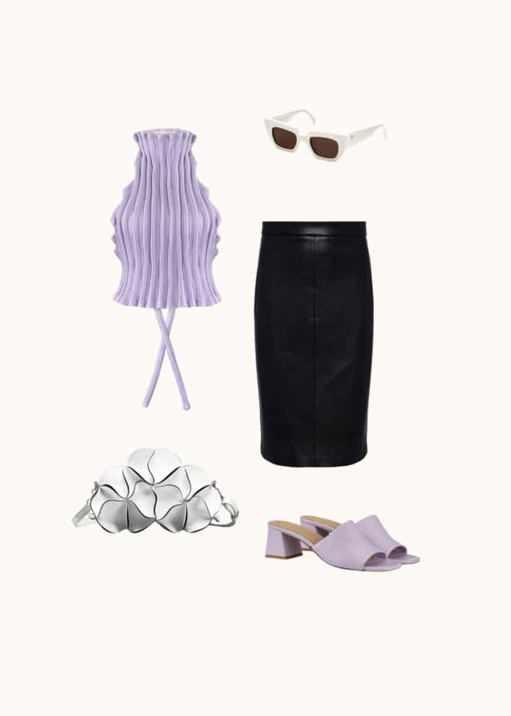 lilac ribbed halter top and midi leather skirt, maximalist spring outfit 2024, 2024 spring outfit, cool-girl spring outfits 2024