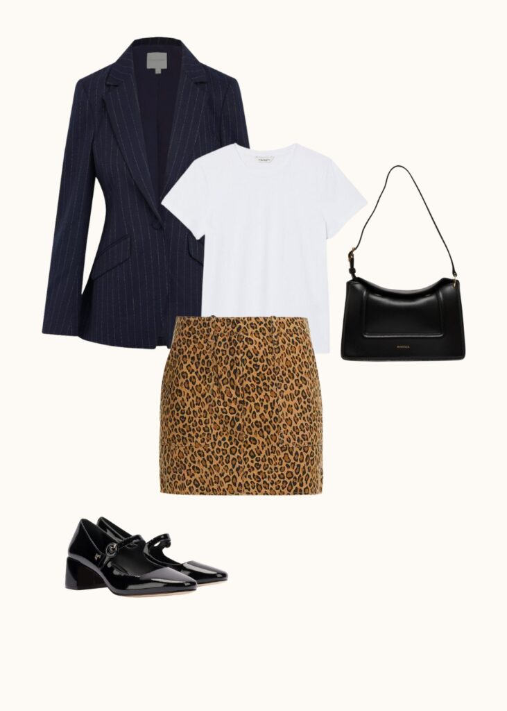 pinstripe navy blazer and leopard mini skirt outfit, maximalist spring outfit 2024, funky spring outfit 2024, cool spring outfits, cool-girl spring outfits 2024
