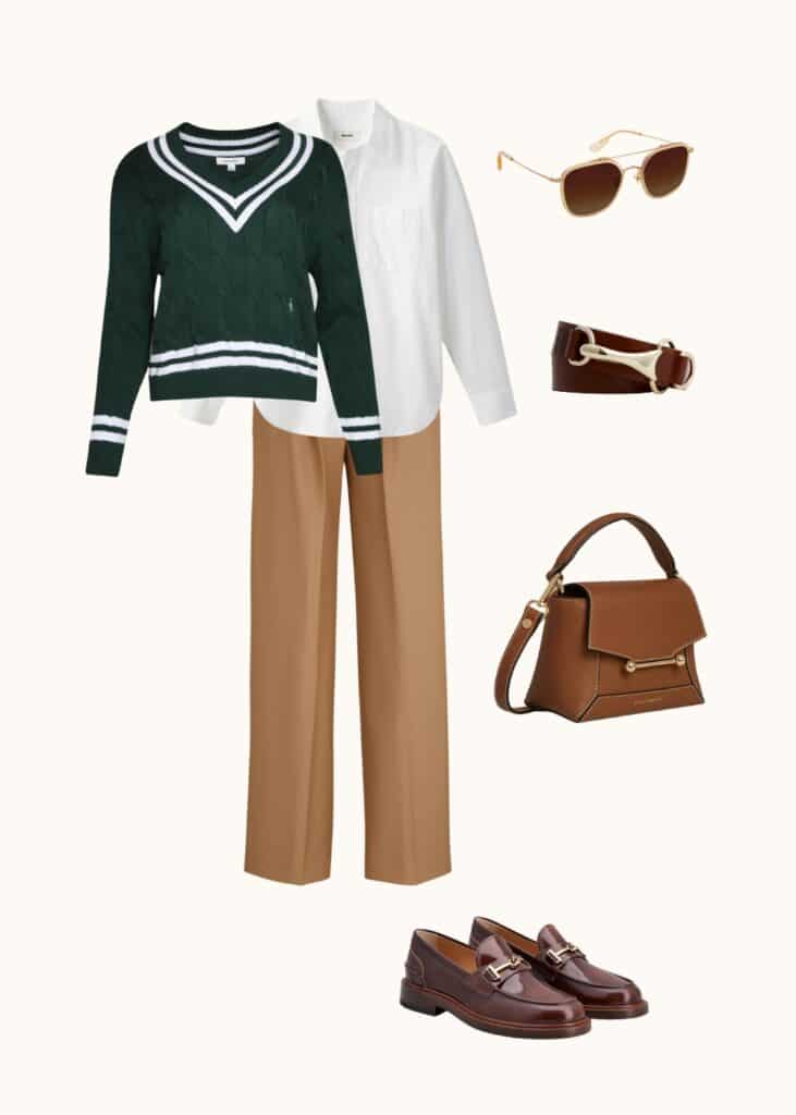 sporty and rich green v neck sweater and tan slacks, old money spring outfits, spring outfit ideas, preppy spring outfit ideas