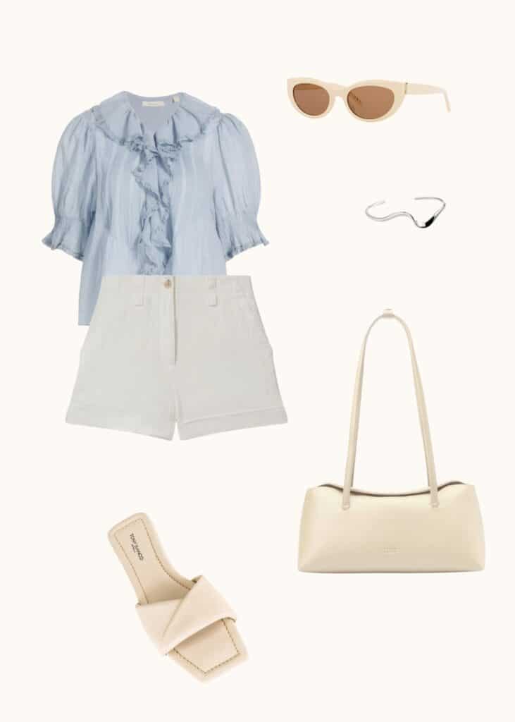 doen ruffle blouse and white cream shorts, spring feminine outfits, spring romantic outfits, spring 2024 romantic outfits, spring 2024 romantic outfits