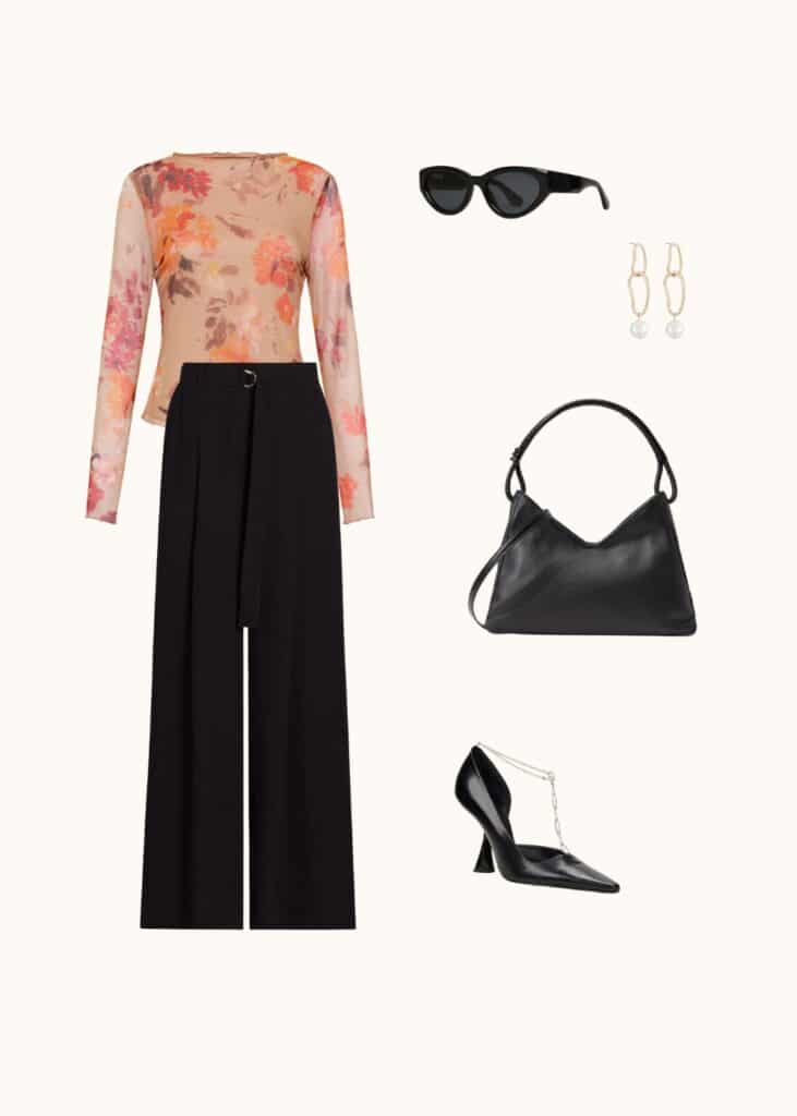 sheer floral top and black trousers outfit, spring maximalist outfit 2024, cool spring outfits