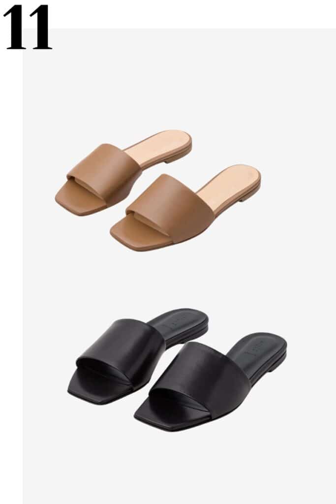 black or tan slides, summer capsule wardrobe, everyday sandals