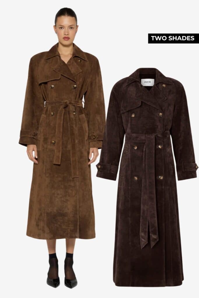 DUCIE Chocolate Suede Trenchcoat -  alt=