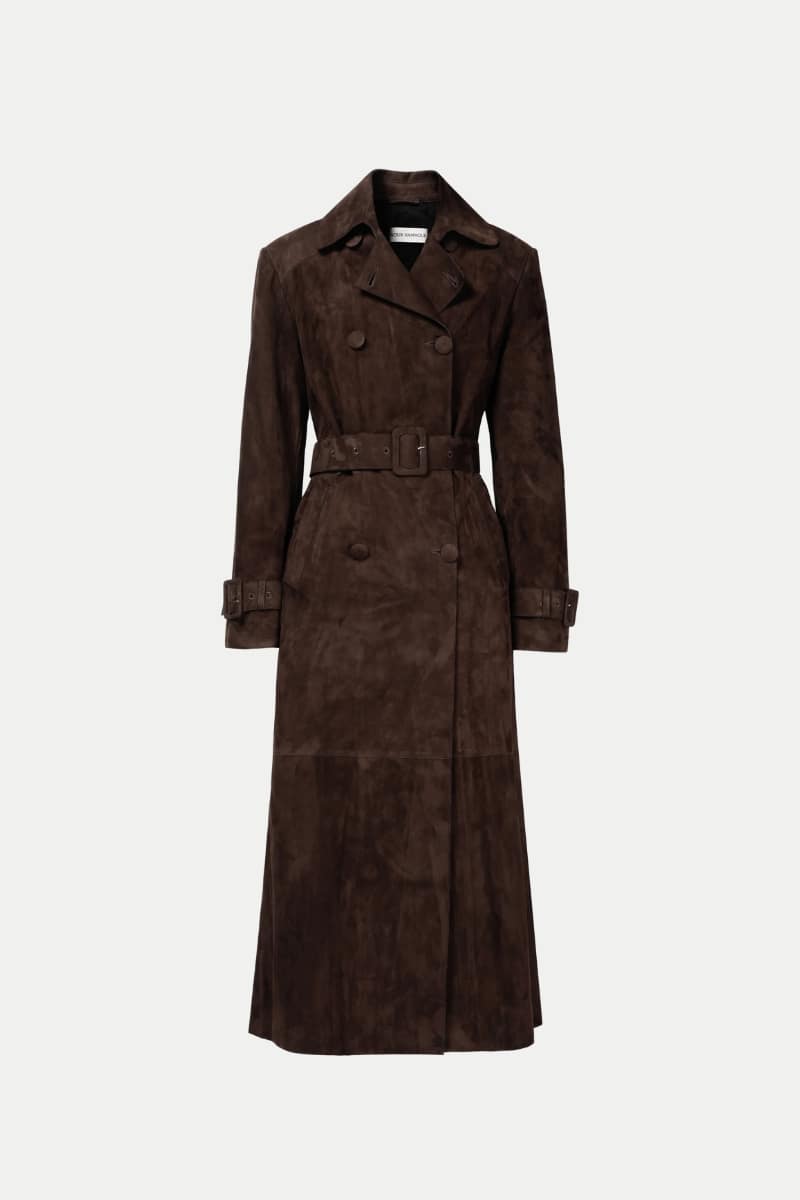 Nour Hammour Tate Everyday Suede Trench - Brown Suede Fall Trenchcoat