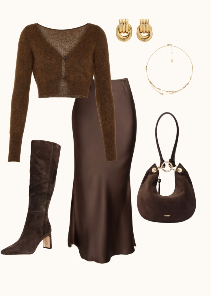 fall monochrome brown outfit from street style midi skirts, midi skirt