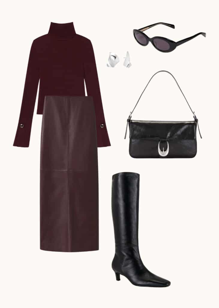 burgundy skirt and top outfit, cherry red, bonus points