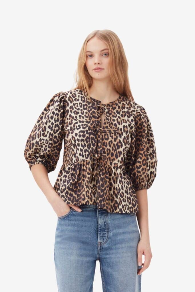 GANNI LEOPARD PEPLUM TIE BLOUSE | $235