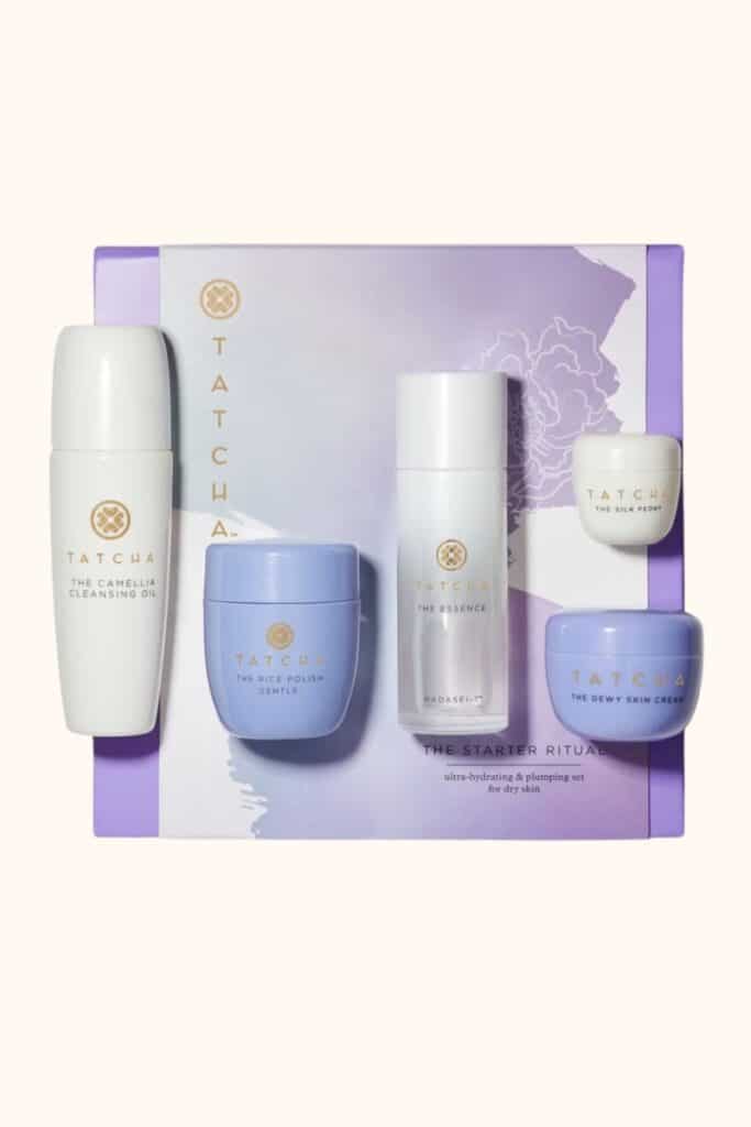 Tatcha gift set Shea butter, clay mask, vitamin e, vitamin c, makeup, pat dry, licorice root, cleansing, moisturizing, moisturizing, oils, wet, glow, oils, neck, wrinkles, wrinkles, treat neck, treat fine lines, treat