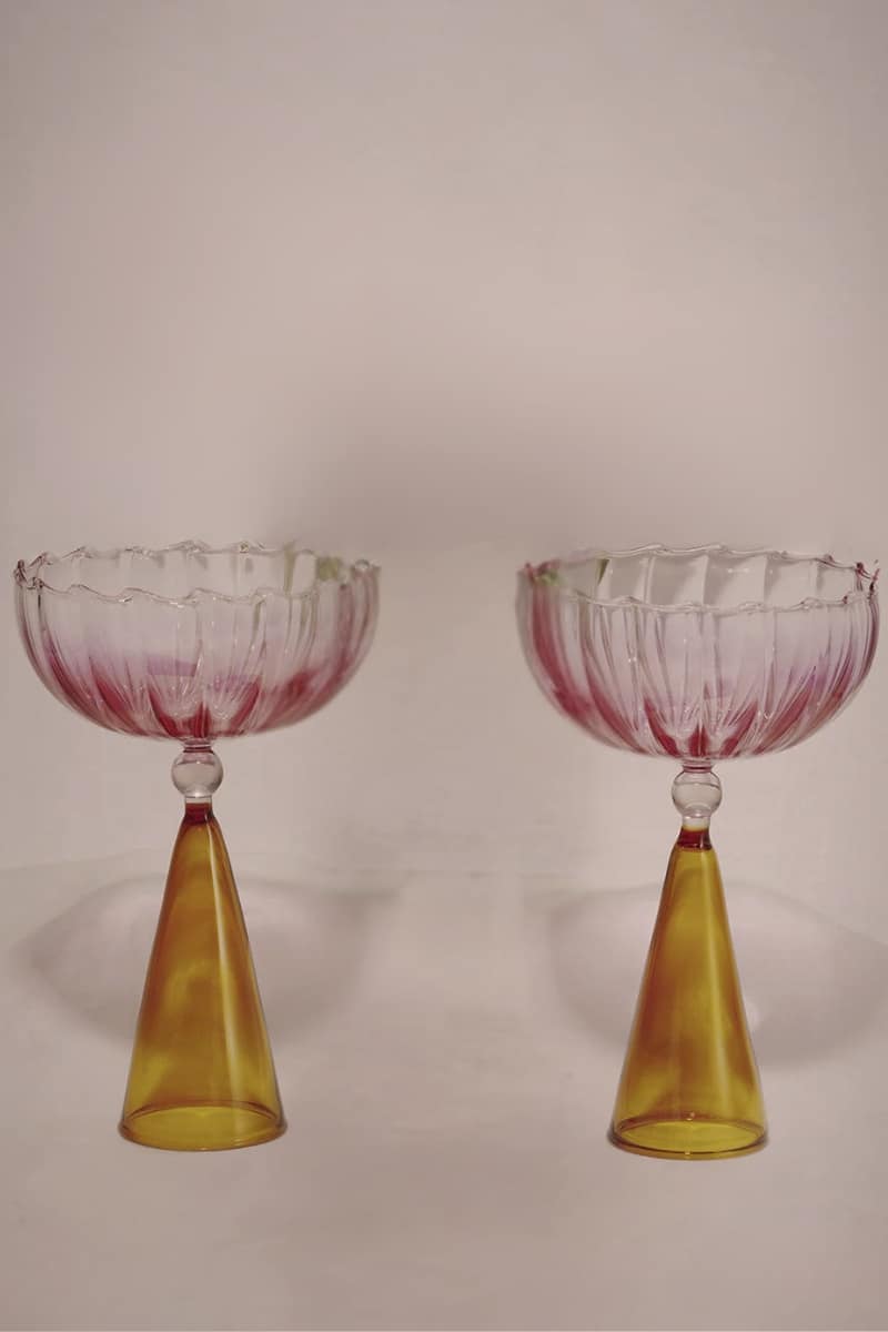 Serena Confalonieri Set of 2 Calypso Pink and Amber Wine Glasses