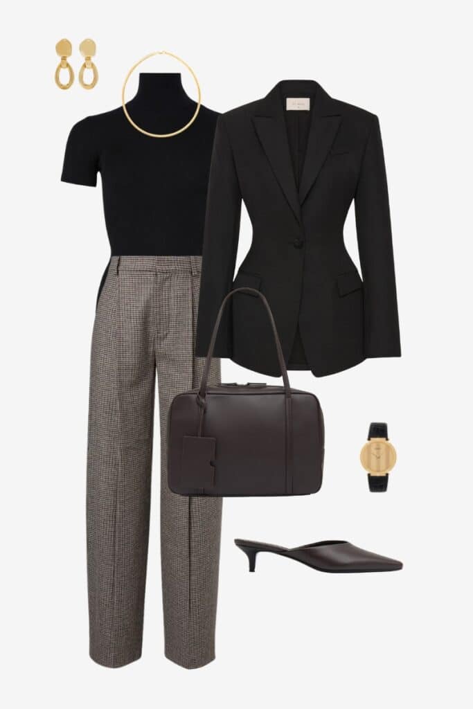 black blazer and trousers outfit, black blazer work outfit