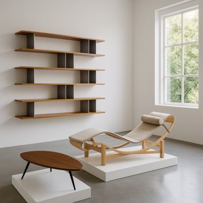 Charlotte Perriand bookcase, chaise lounge, and collectible furniture, famous furniture designers