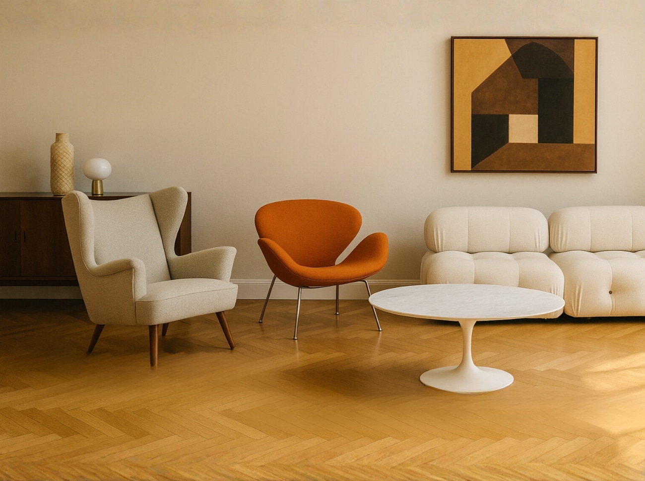 Collectible Furniture from designers like A sculptural Pierre Paulin Ribbon Chair in deep navy — an emblem of postmodern organic form. A Gio Ponti Triennale Cabinet featuring geometric diamond pattern doors — referencing Ponti’s flair for combining craft and architectural rhythm. An Eero Saarinen Tulip Chair — a clean, sculptural counterpoint to the Paulin piece.