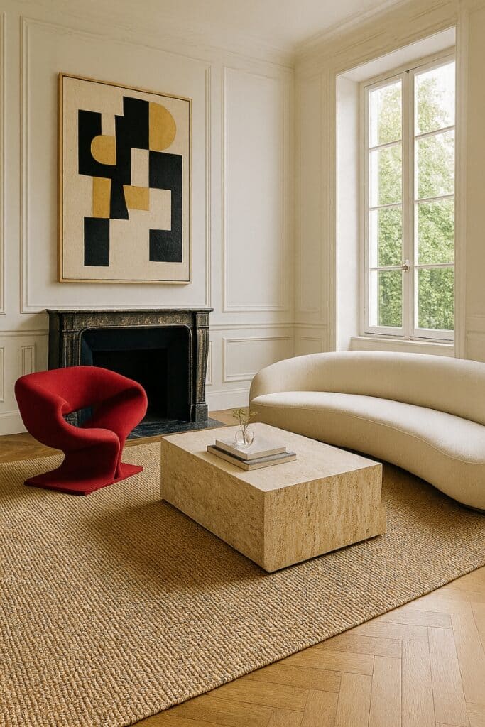 Pierre Paulin Ribbon Chair staged in a living room, vintage collectible furniture, famous furniture designers