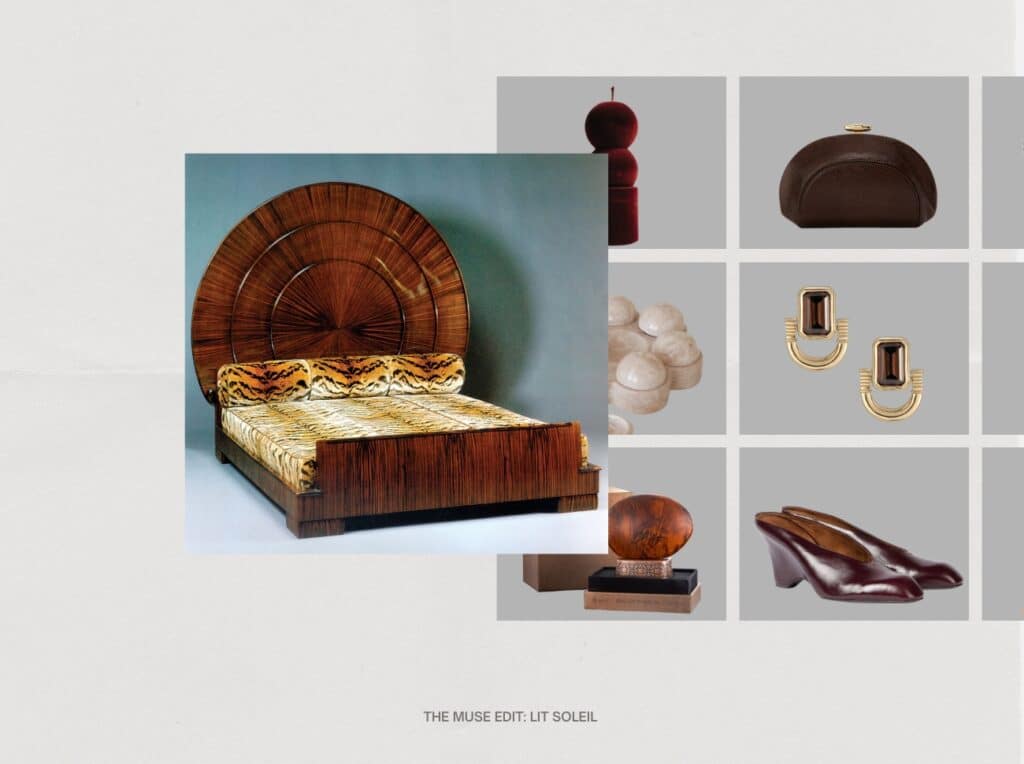 A curated collection of fashion accessories and decor inspired by an art deco vintage bed called lit soleil by Émile-Jacques Ruhlmann