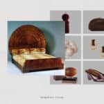 A curated collection of fashion accessories and decor inspired by an art deco vintage bed called lit soleil by Émile-Jacques Ruhlmann
