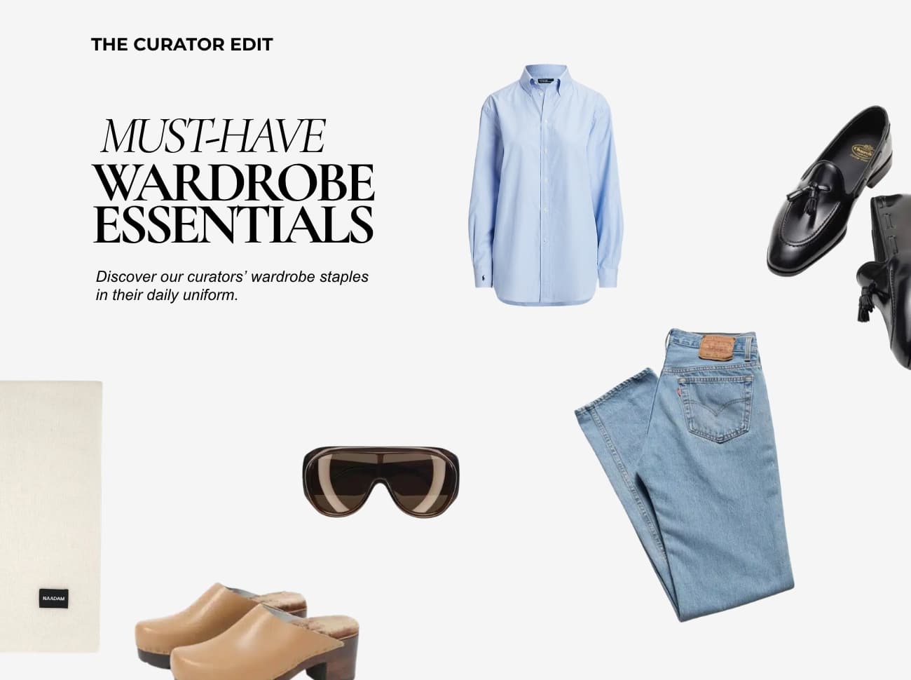 curators wardrobe essentials: arket denim, levi's, church's loafers, oxford shirts