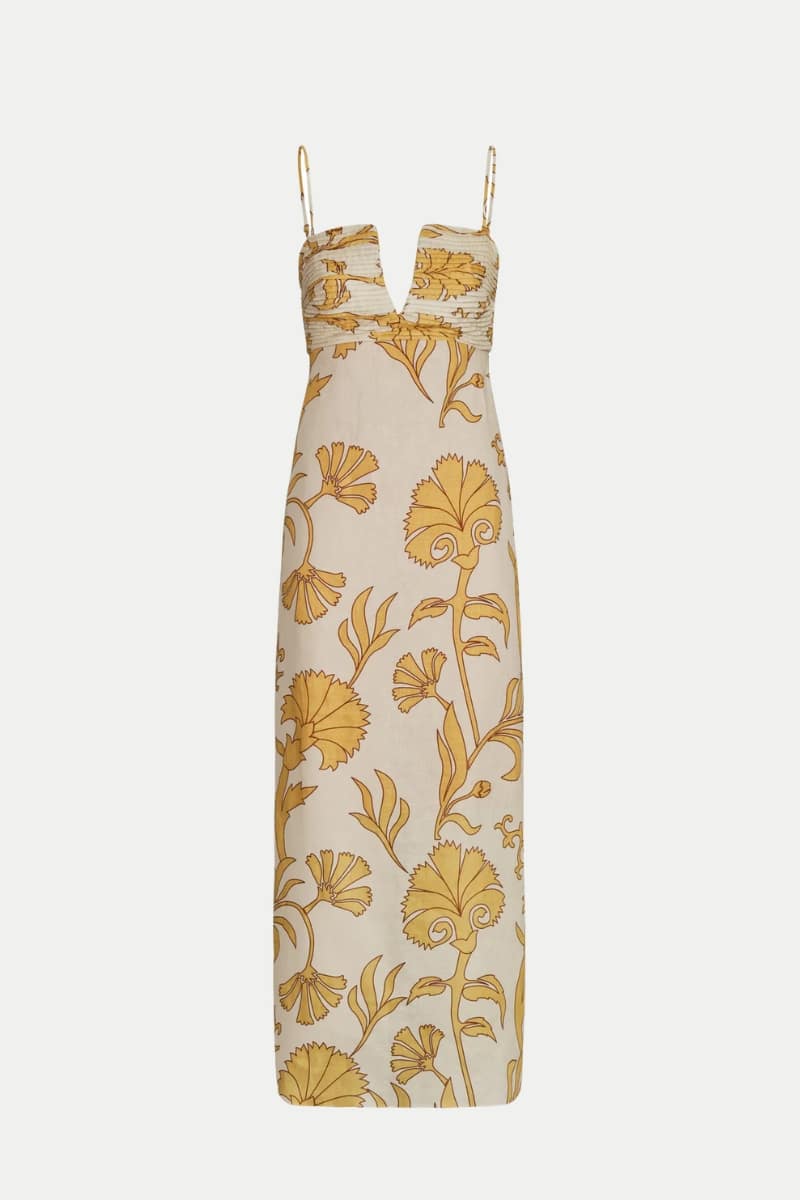 Juan de Dios Antigüa Linen Midi Dress in Yellow Flowers